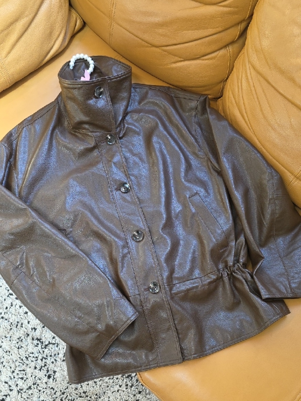 H&M Brown Faux Leather Button-Front Women's Jacket - Picture 13 of 14